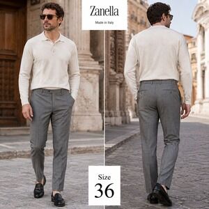 Zanella Todd Mens 36 Grey Windowpane Plaid Wool Dress Pants Trousers Made Italy
